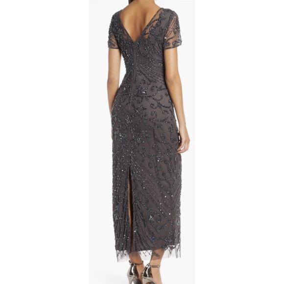NWT Pisarro Nights Beaded Short Mesh Sheath Dress Slate Gray Size 8 - Picture 3 of 8